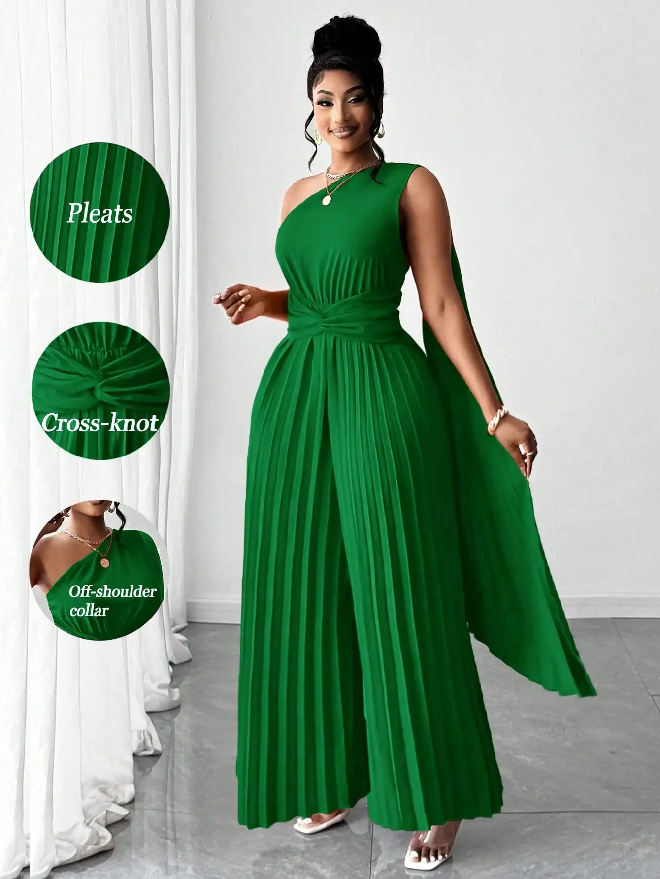 

Изумрудно-зеленый комбинезон больших размеров с одним открытым плечом, плиссировкой и перекрестным узлом на талии для вечеринок и свадеб