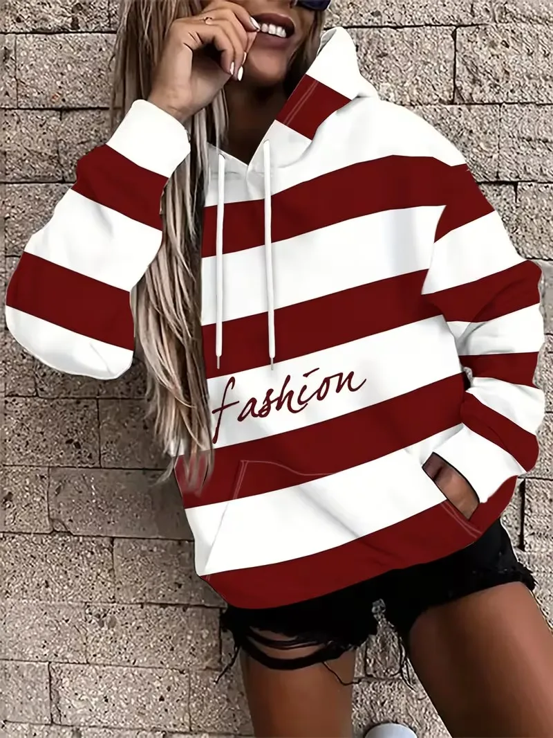 Women's long sleeved hooded sweatshirt, 3D wave striped gradient retro casual kangaroo pocket drawstring classic hoodie
