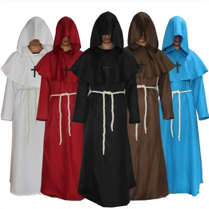Mittelalterliches Ritter-Kostüm mit Kapuze, Mönchskostüm, Zauberer- und Hexen-Umhang, Partykostüm, Priesterkostüm, Cosplay-Kostüm in Fünf Farben