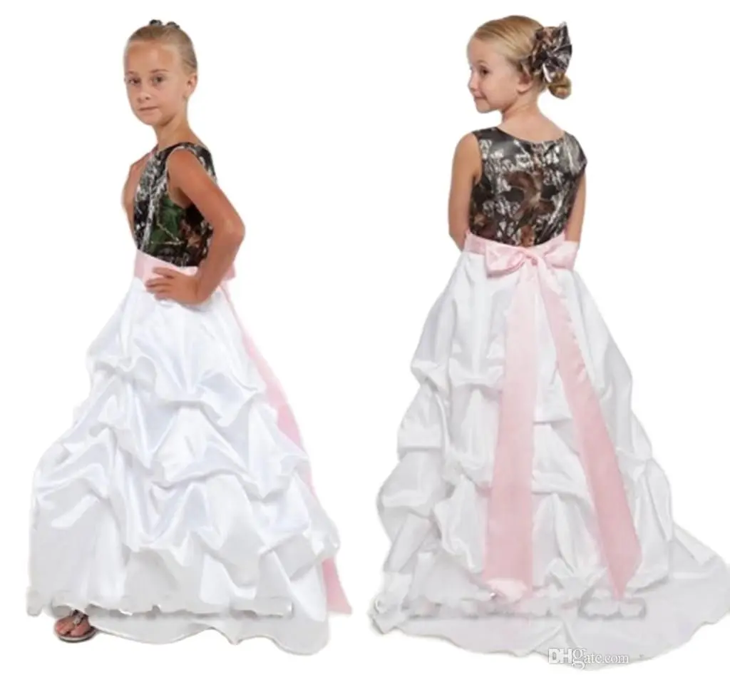 

2021 New Fashion Camo Flower Girl Dresses Ball Gown Pick-Ups Ruffles Girls Gowns Satin Custom Made Cheap Flower Girls Dresses Fr