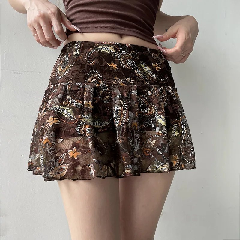 Bohemian style retro cashew print lace short skirt spicy girl low waisted wrapped hip slimming A-line skirts