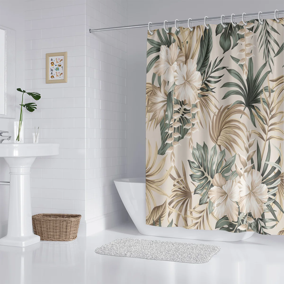 1pc Modern Light Luxury Hibiscus Flower Print Waterproof and Mildew-proof with Hook Machine Washable Bathroom Shower Curtain