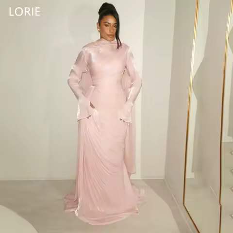 LORIE Elegant Pink Evening Dress Pearls Full Sleeves Pleated Party Dresses Mermaid Formal Prom Gowns Customized