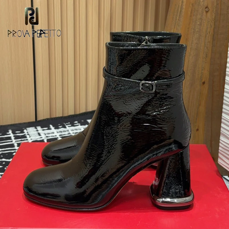 

Lacquer Leather Coarse Heel Buckle Strap Short Boots 2024 New Stylish Fashion Designer Exquisite Unique High-heeled Shoe