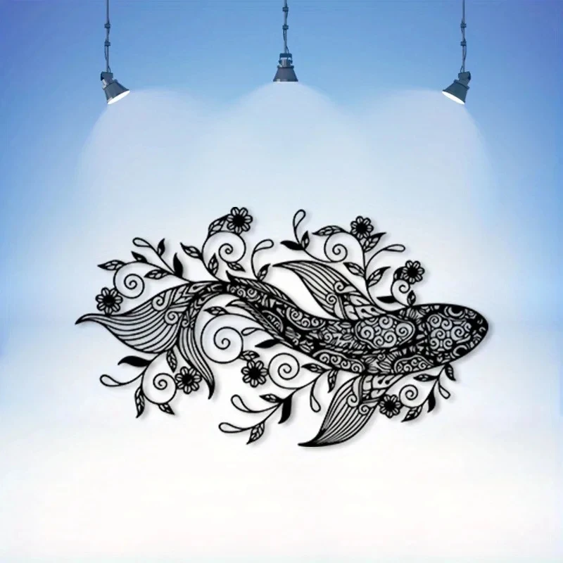 Vintage Koi Fish Mandala Metal Wall Art Asian Style Iron Mural Weather Resistant Sculpture Feng Shui Gift for  Yoga Studio 1PC