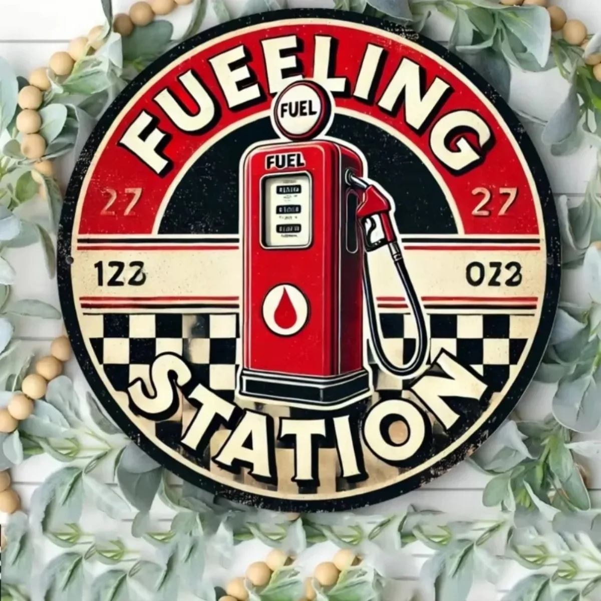 -Retro-Eisendekor, Vintage-Kraftstoffstation-Metalldekor – 1 runde Eisen-Gaspumpenschild | Wand- und Türmontage-Eingangsdekoration für Cafés