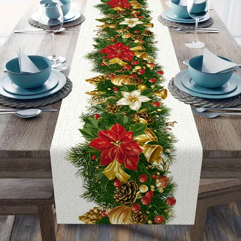 Christmas Poinsettia Pine Needle Table Runner Party Decor Reusable Winter Kitchen Dining Table Runner Christmas Decorations