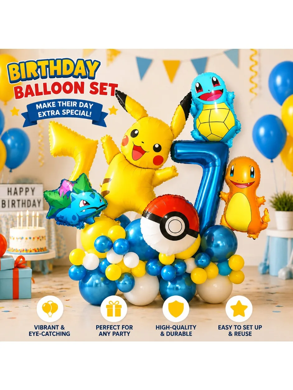 Geburtstags-Themen-Globos-Set mit Pikachu-Aluminiumfolie für Party-Hintergrund, Tischdekoration und Feierdekoration.