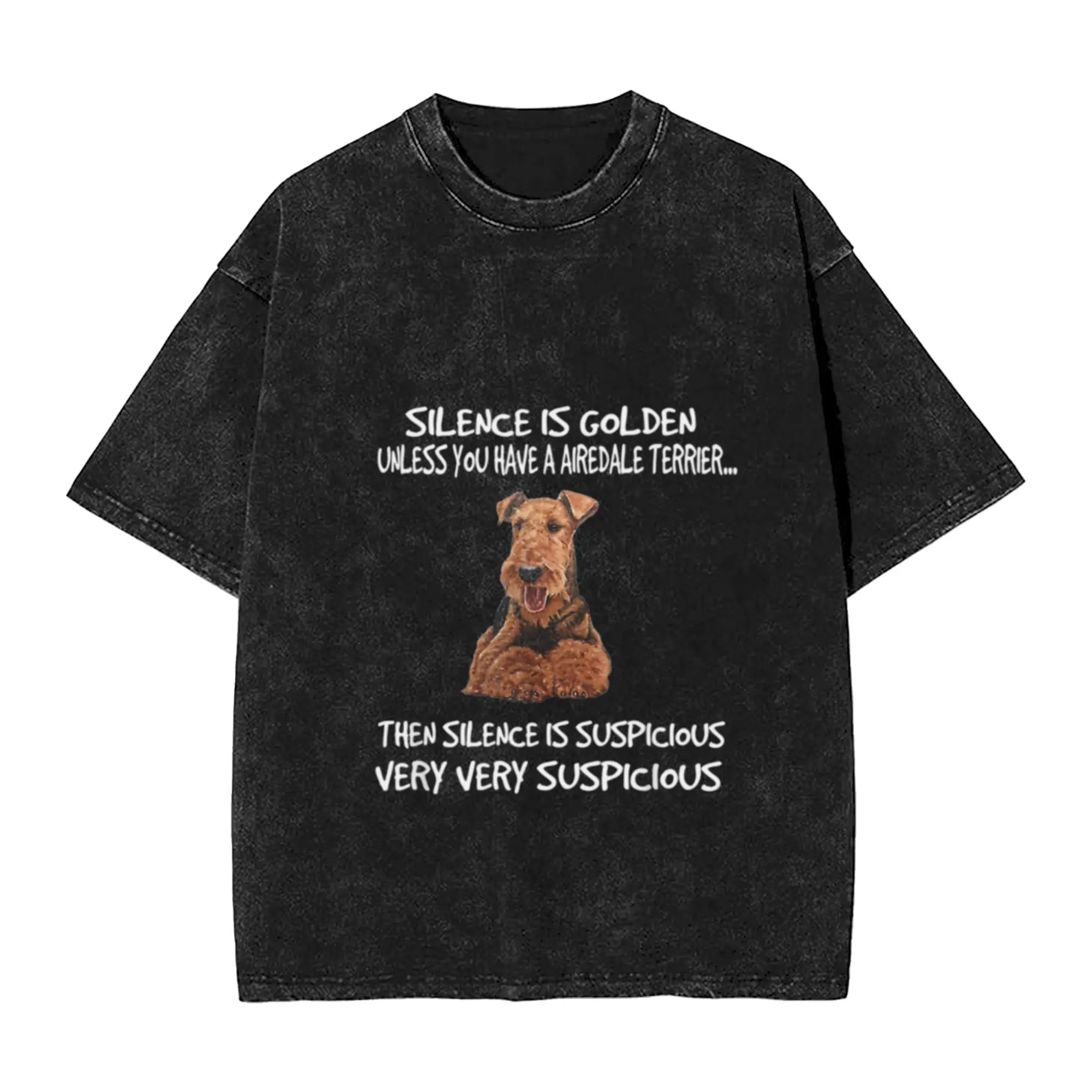 silence is golden for Airedale Terrier Dog Lovers  Unique Cool A T-Shirt Oversized Short Sleeve Men's Women's Cotton Tees Tops