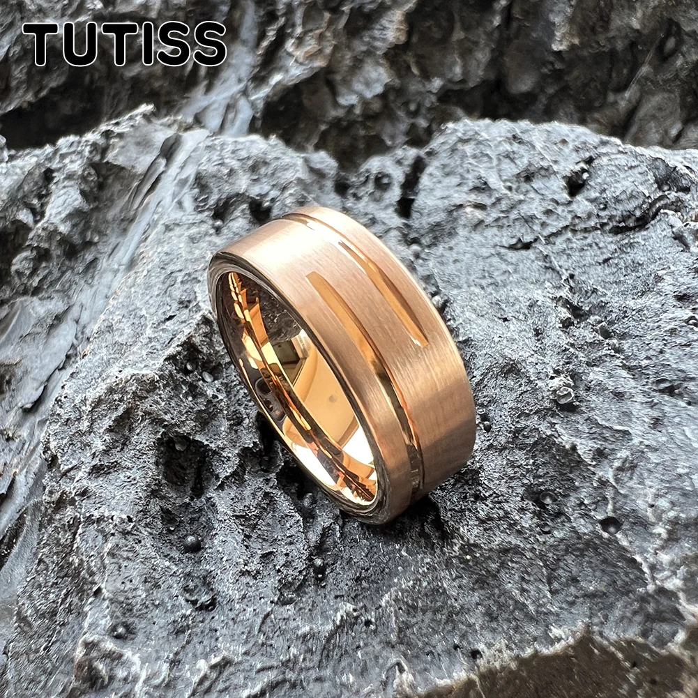 Dropshipping TUTISS Mens Womens Flat Tungsten Wedding Band Fashion Ring Unique Groove Brush Finish 8MM Comfort Fit