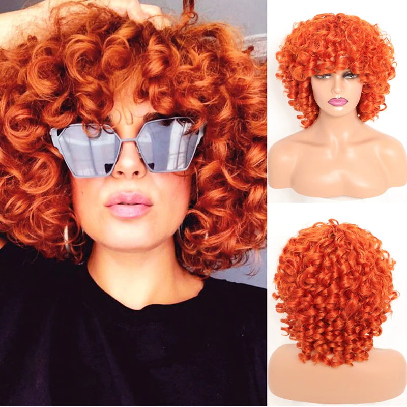 

Short Hair Afro Curly Wig with Bangs for Black Women Synthetic Hair Natural Shoulder Length Fluffy Cosplay Loose Curly Wigs