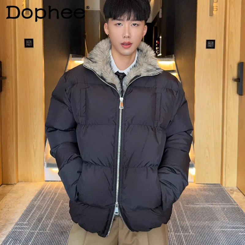 

Men's Fashion Faux Fur Collar Parkas 2025 Winter New Trendy Loose Warm Faux Fur Padded Parkas Simple Comfort Long Sleeve Coats