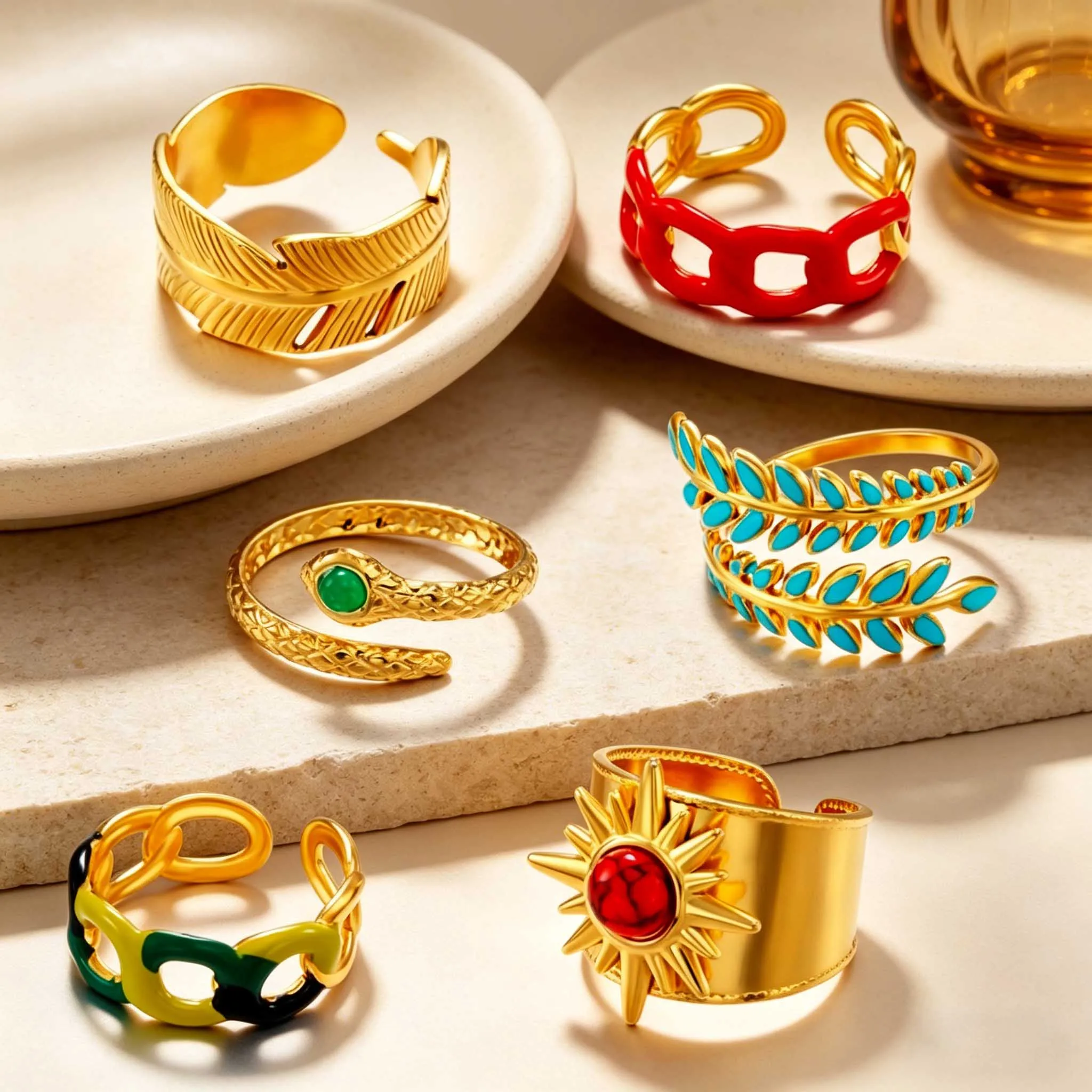 Vintage Fashion Various Style Oil Drip Flower Snake Rings For Women Stainless Steel Open Rings Gold Plated Banquet Jewelry Gift