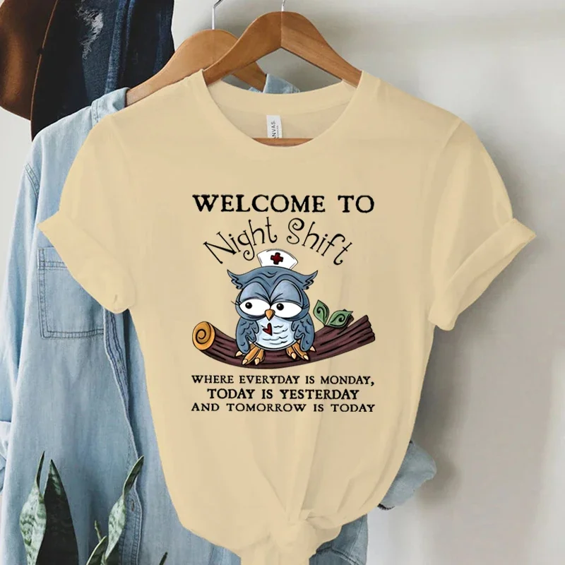 Tshirt Welcome To Night Shift Letter Cute Cartoon Nurse Owl Aesthetic Women Blouses Short Sleeve Summer Oversized Trend T-shirt