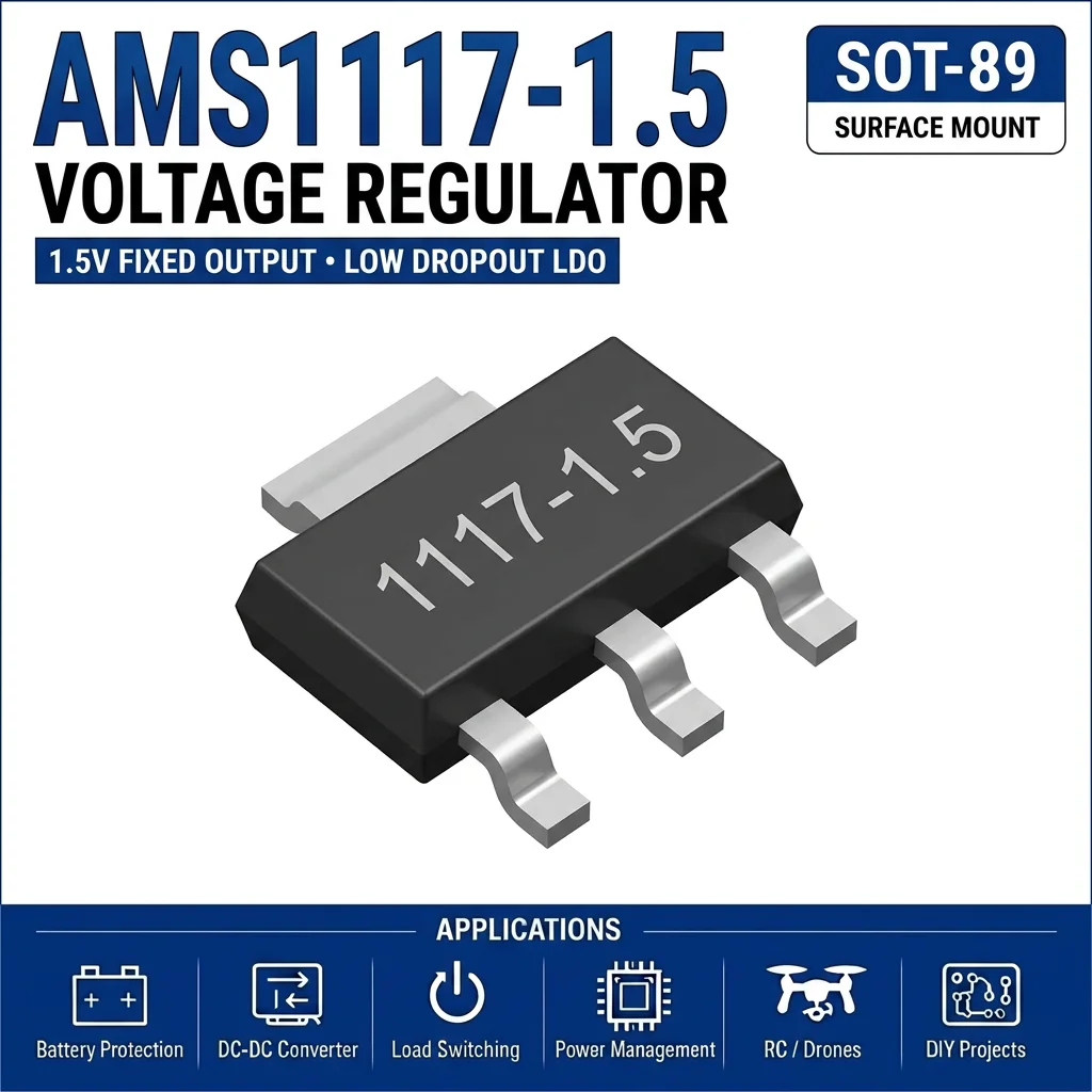 (100 pcs) AMS1117-1.5 SOT-89 (Marking 1117-1.5V) - LDO Voltage Regulator 1.5V 1A