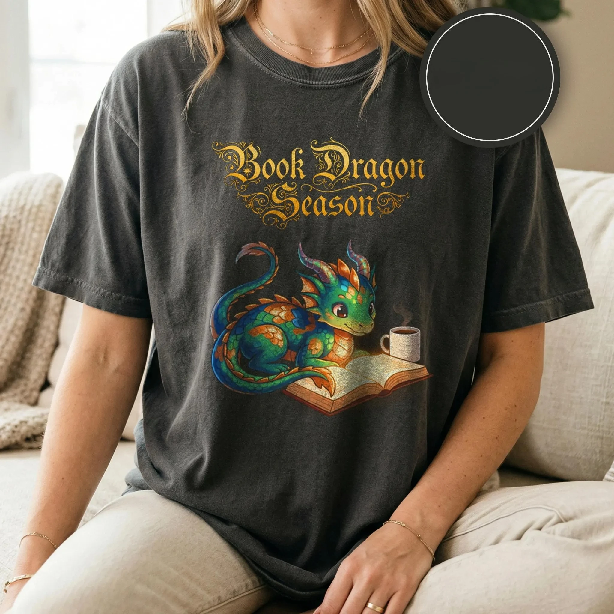 Book Dragon Season Shirt, Cute Little Dragon Reading T-shirt, Gift for Book Lovers Printed T-shirt