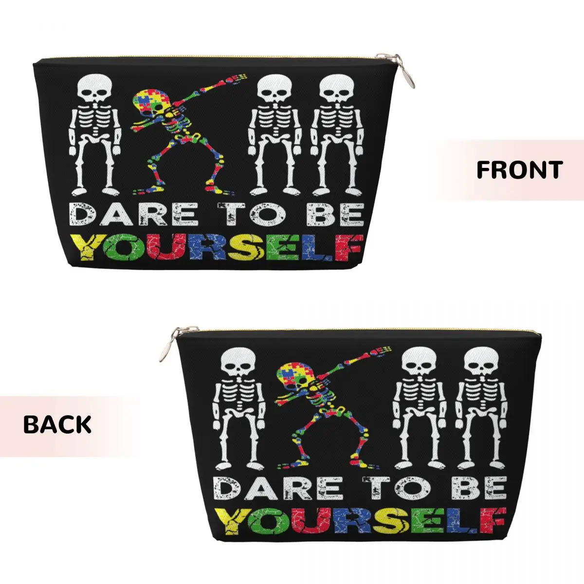 Custom Dare To Be Yourself Skeleton Dabbing Autism Awareness Cosmetic Bag Makeup Case Beauty Storage Toiletry Bags