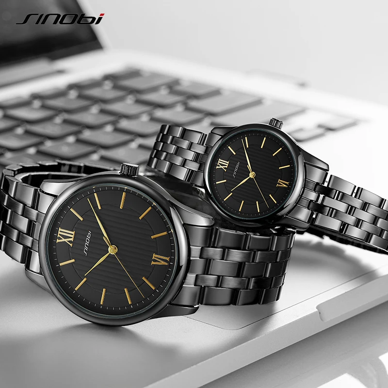 SINOBI Fashion Golden Women Quartz Watches Stainless Steel Strap Watch Female Waterproof Couple Wristwatch Men Lady Clock