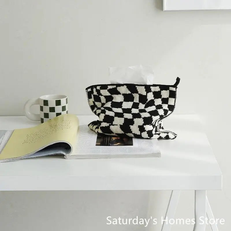 Mosaic  Plaid  Knit Tissue Box Knitting Cotton Thread Napkin Holder Tissue Bag Bedroom Kitchen Desktop Storage Napkins