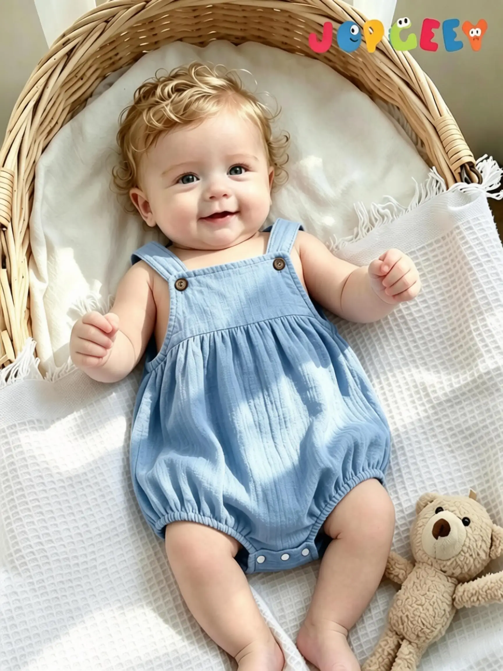 Baby Boy Summer Strap Bodysuit,1‑Piece,Woven Fabric,Casual Design,for Daily Wear & Outdoor Activities
