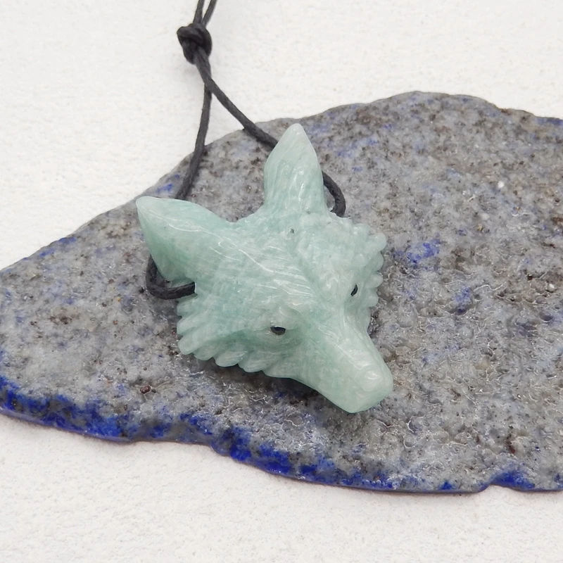 Natural Stone Amazonite Wolf Head Pendant Reiki Healing Carved Animal DIY Animal Jewelry Necklace Gift 36x29x12mm 11g