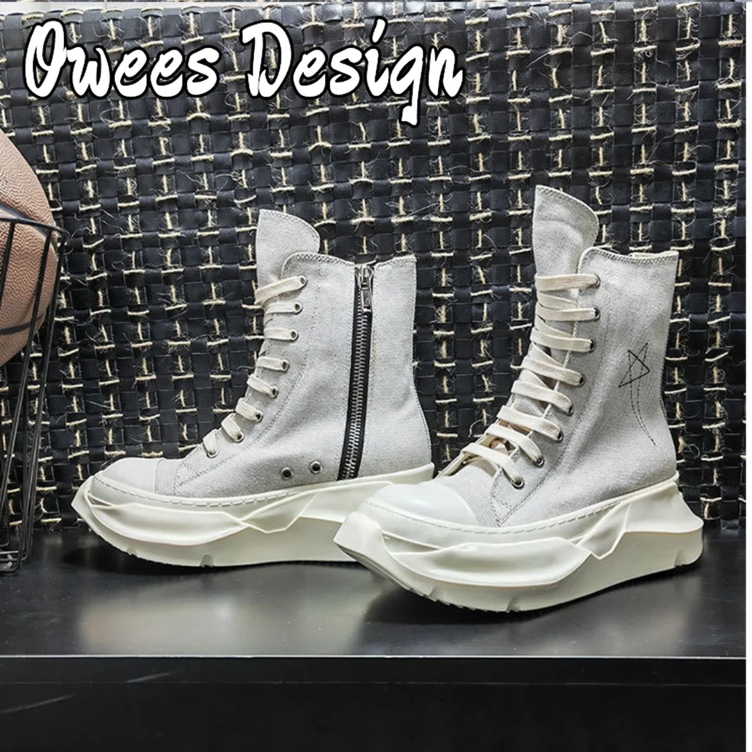 Owees Design High Street Embroidered Canvas Shoes Men Thick Bottom High-top Zip Shoes Women Round Toe Platform Casual Shoes