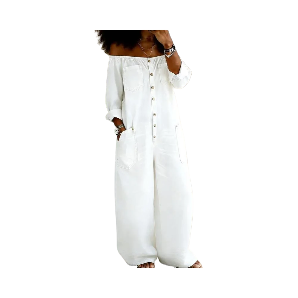 Elegante dames playsuit met hoge taille en wijde pijpen, modieus design, one-shoulder denim jumpsuit, vintage, lange mouwen, zakken, romper. - afbeelding 2