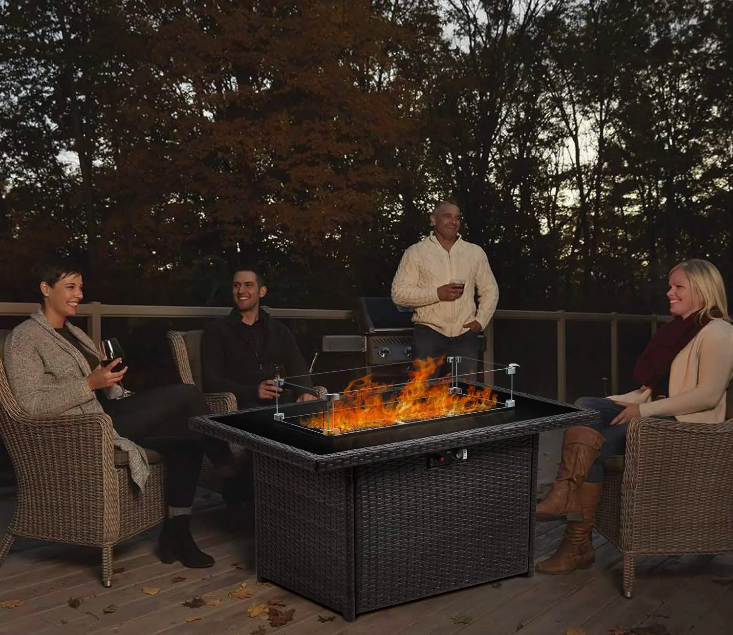 Propane Fire Pit Table 44 Inch 55000 BTU Outdoor Rectangular Glass Wind Guard Patio Deck Brown Glass Top, Customized