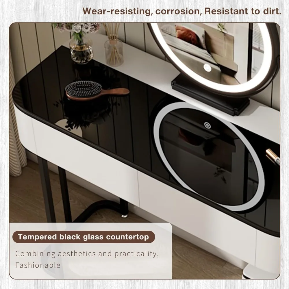 مكتب زينة صغير مع مرآة وأضواء | طاولة مكياج حديثة مع منضدة قابلة للتعديل و4 أدراج تخزين | أسود #4