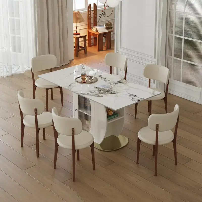 

63" Modern Dining Table Set for 4-6 with Storage, Burnt Stone Top & Gold Wood Base, Includes 6 White PU Chairs for Kitchen &
