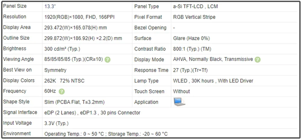 B133HAN04.2 13.3 inch LCD Screen Laptop Panel IPS Slim EDP 30pins FHD 1920x1080 60Hz Non-touch 72% NTSC