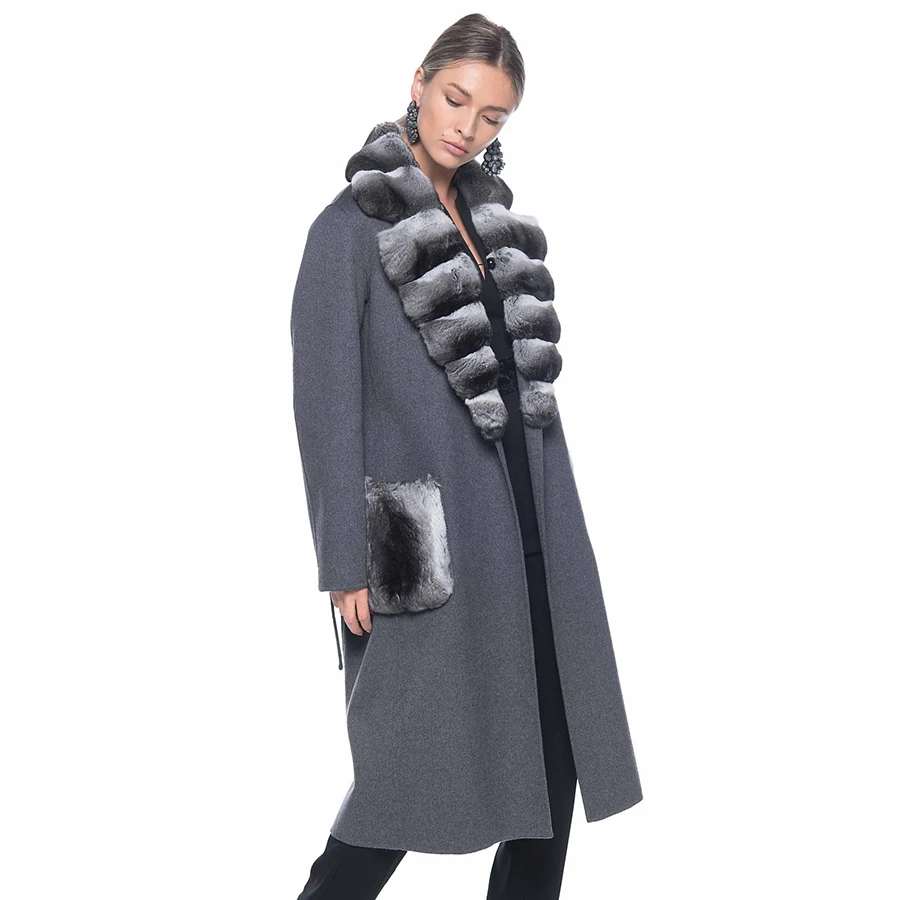 Kaschmirmantel Damen Wollmischungen Lang Echt Rex Kaninchen Pelzkragen Luxusmarken Winter Wollmantel Damen