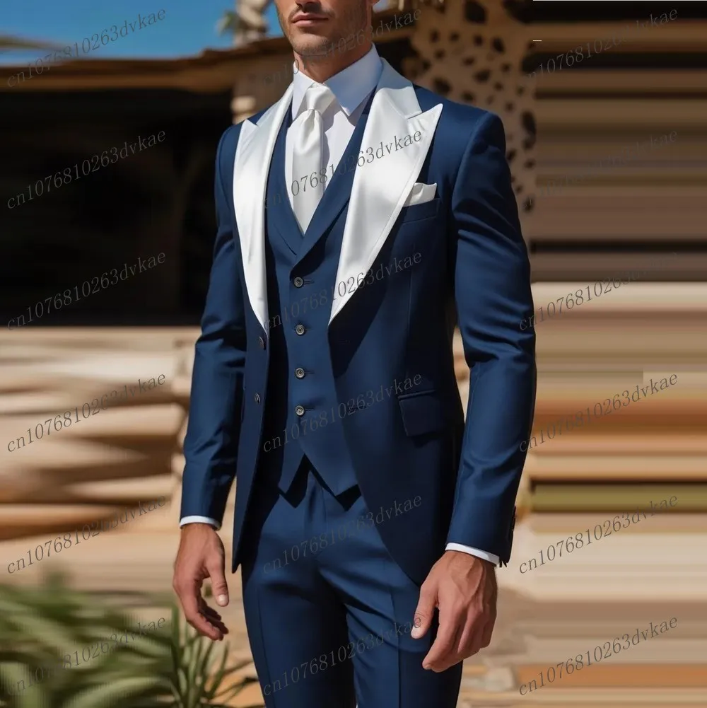 

White Collar Navy Blue Formal Business Men Suit Groom Groomsman Wedding Party Prom Male Tuxedos 3 Piece Set Blazer Vest Pants