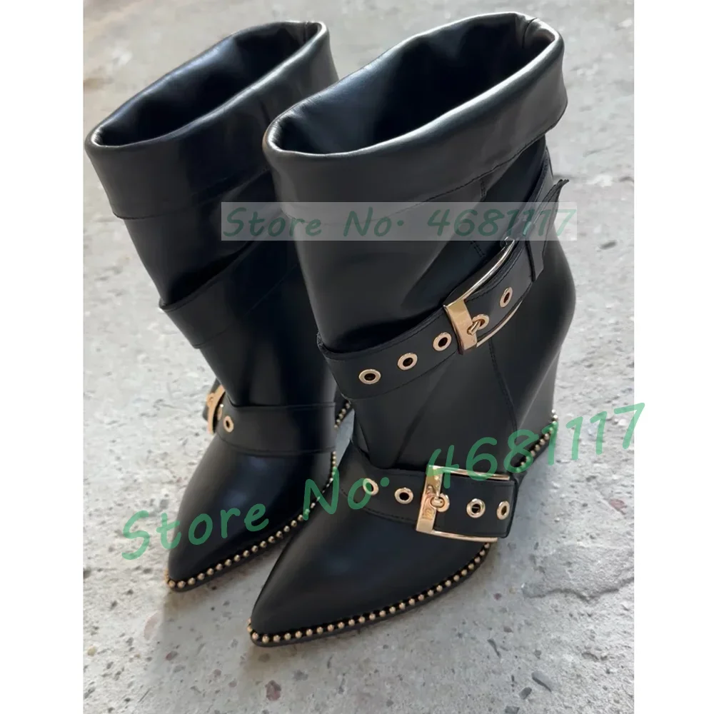 Belt Buckles Wedge Ankle Boots Women Sexy Splicing Leather Pointy Toe Big Size Shoes Slouchy New Luxury Black Rivets Trim Boots