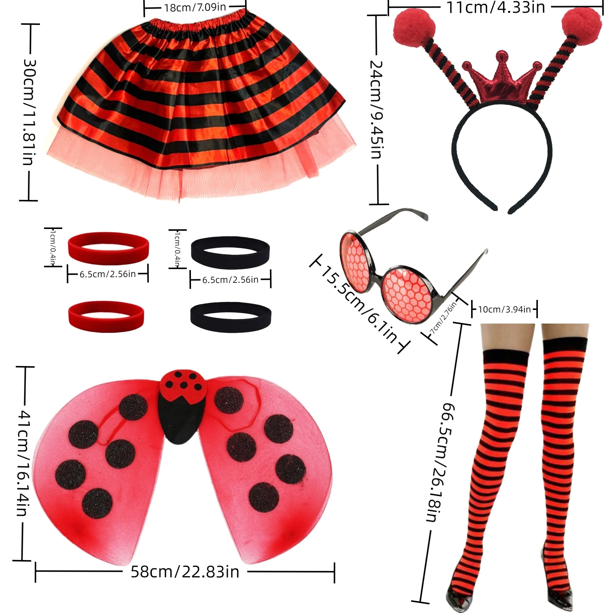 성인 무당벌레 의상, 할로윈 드레스 롤플레잉 액세서리, 스커트, 날개, 머리띠 양말 및 장갑 등