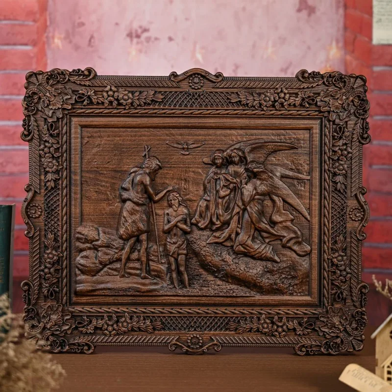 Handcrafted Wooden Relief Wall Art,Baptism of Jesus Scene Religious Carving Decorative Frame, Home Church Decor
