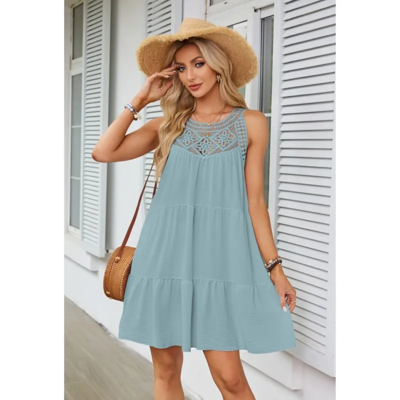 2025 bohème femmes grande taille robe en dentelle décontracté col rond sans manches à volants Mini robe couleur unie plage réservoir surdimensionné robe ample