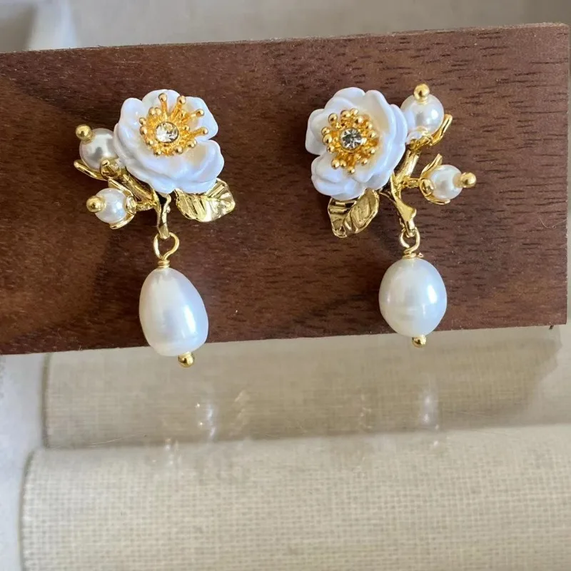 

France Gentle Sense Eternal Royal Palace White Rose Freshwater Pearl Tassels Branch Leaf Earrings Clip Stud Earrings, Necklace