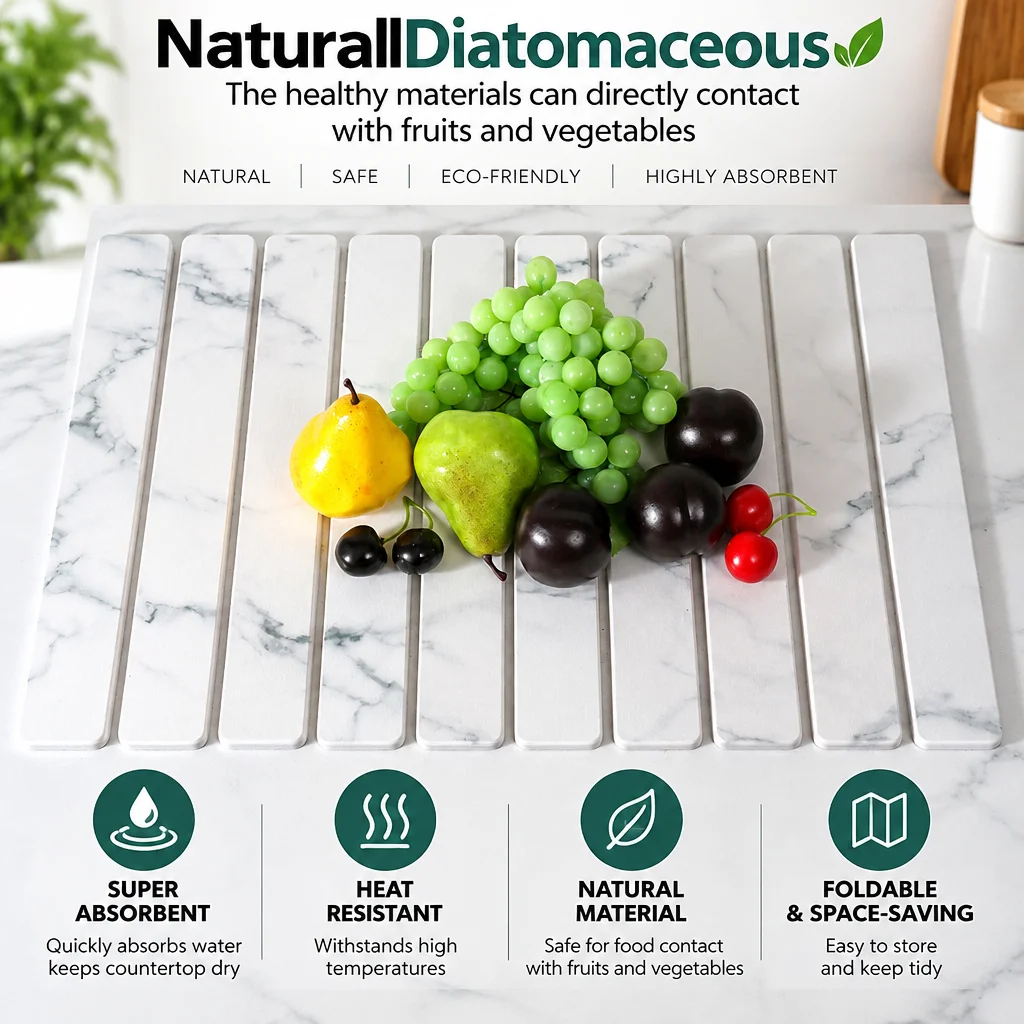 1/2SET Large Fast-Absorbent Collapsible Diatomaceous Earth Stone Dish Drying Mat, Quick-Drying for Kitchen Counter,Large