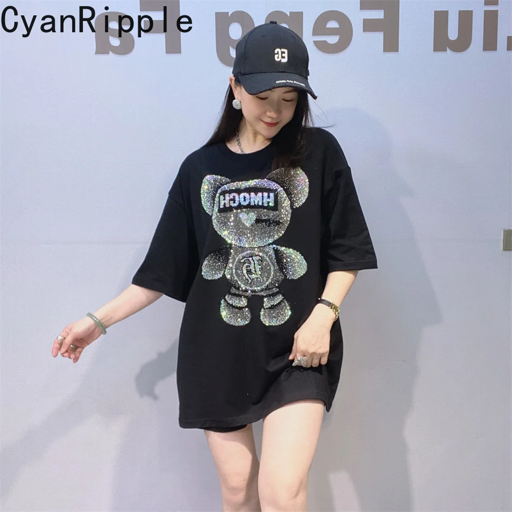 Fashion Spring Summer Women Short Sleeve T-shirt Shiny Cartoon Hot Diamonds Round Neck Pullover Top Handsome Black Cotton Tees