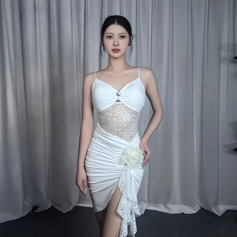 

2025 Latin Dance Competition Clothing For Women Adult Lace Strap Dress Dance Performance Costumes Chacha Latin Dress DN20669