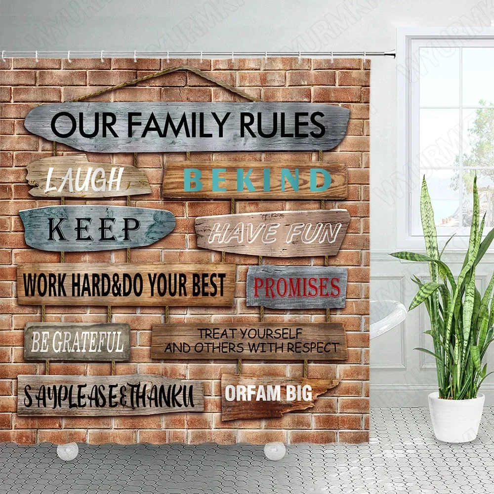 Creative Family Rules Shower Curtain Set Funny Inspirational Quotes Aphorism Wood Board Retro Brick Wall Bathroom Curtains Decor