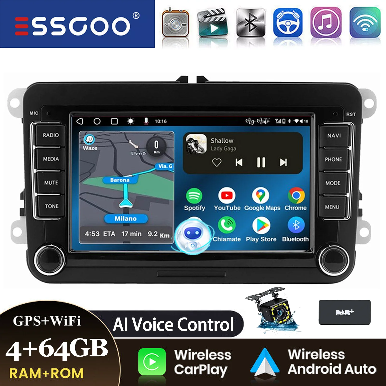 ESSGOO 7" Android14 Carplay Car Stereo GPS NAV RDS FM BT for VW Golf 5 6 Passat Polo 6R Touran Tiguan Caddy EOS Jetta Seat Skoda image 3
