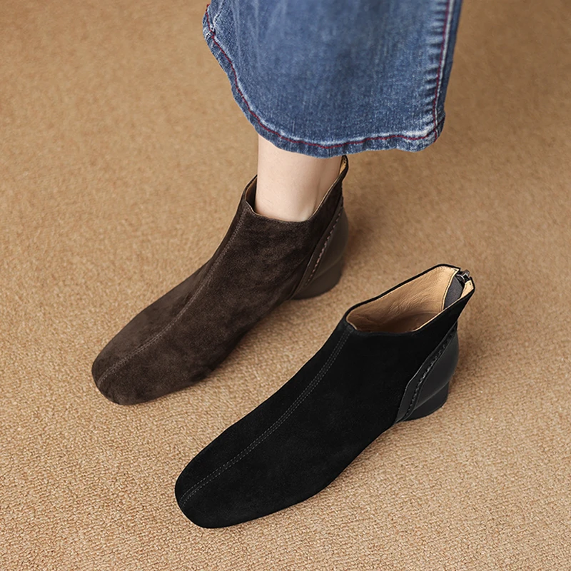 2026 new autumn winter women ankle boots natural leather 22-25cm kid suedecowhide round toe thick heel back zip short boots