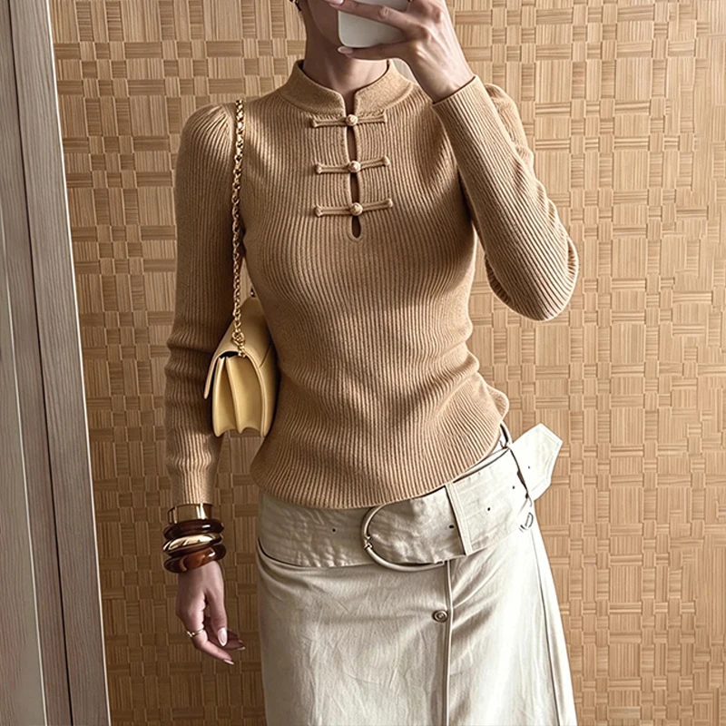 BKLD Chinese Style Retro Elegant Frog Button Long Sleeve Half High Collar Solid Hollow Knit Ribbed Slim Fit Casual Chic T-shirts