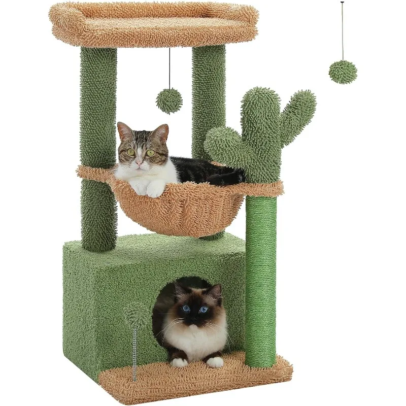 

4-in-1 Cactus Cat Tree, 33 Inches, for Indoor Cats with Large Cat Condo, Cat Scratching Post, Deep Hammock & Cozy Perch, Green