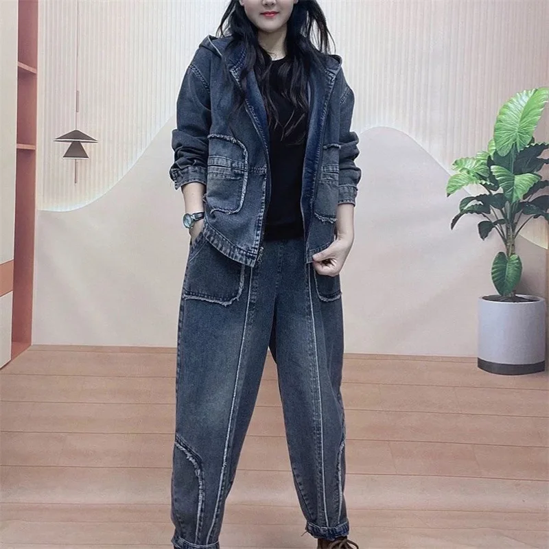 2024 Autumn Hooded qDenim jacket Suits Wear Hooded Denim Coat Fashion Set Women's Spring New Coat casual Jeans Two-Piece Sets view 5