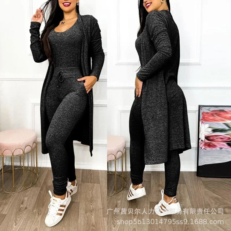 Drawstring Pocket Design Jumpsuit & Coat Set Autumn 2023 Women One Piece Long Pants Jumpsuit High Waist Coats Two Piece Sets