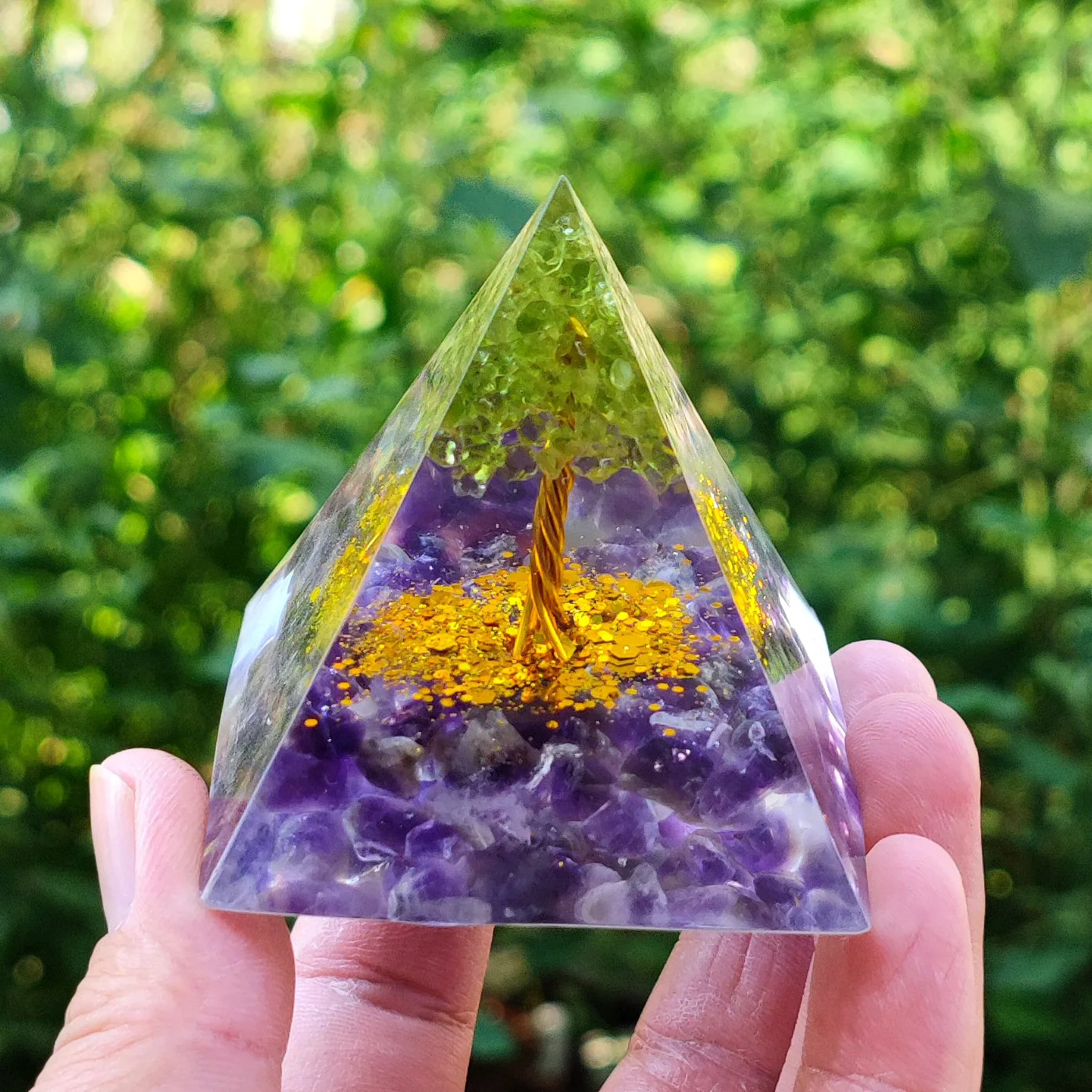 

60mm Tree of Life Orgone Pyramid Peridot Amethyst Tiger Eye Stone Accumulator Orgonite