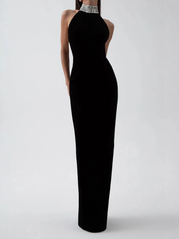 Sexy Women Black Velvet Sleeveless Halter Neck Diamonds Backless Long Dress Slim Fit Dresses Evening Party Runway Gowns